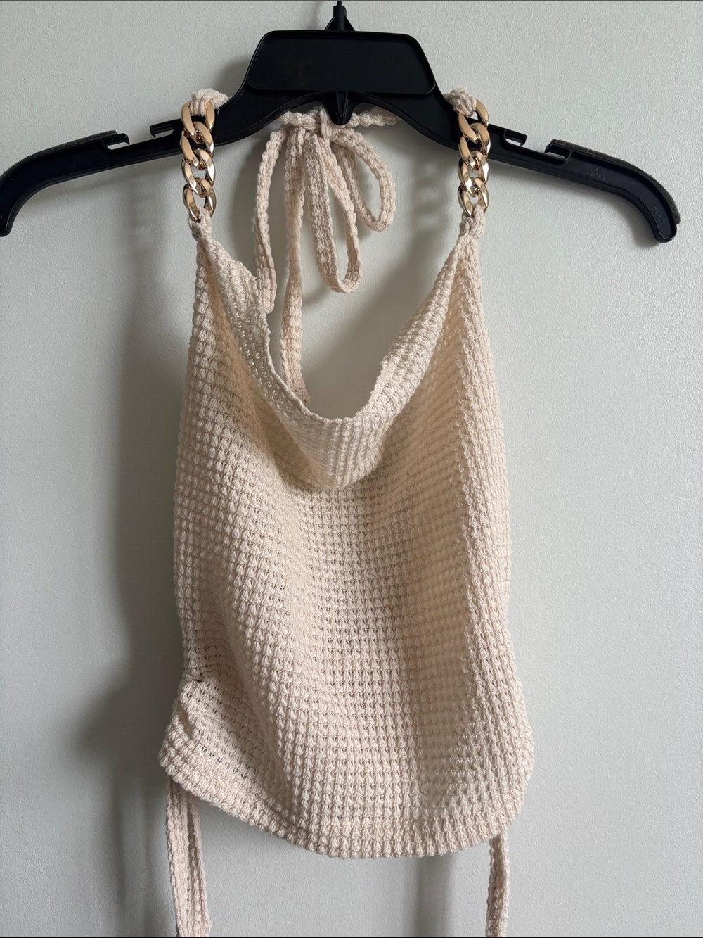 Cream Waffle-Knit Chain Strap Shoulder Bag